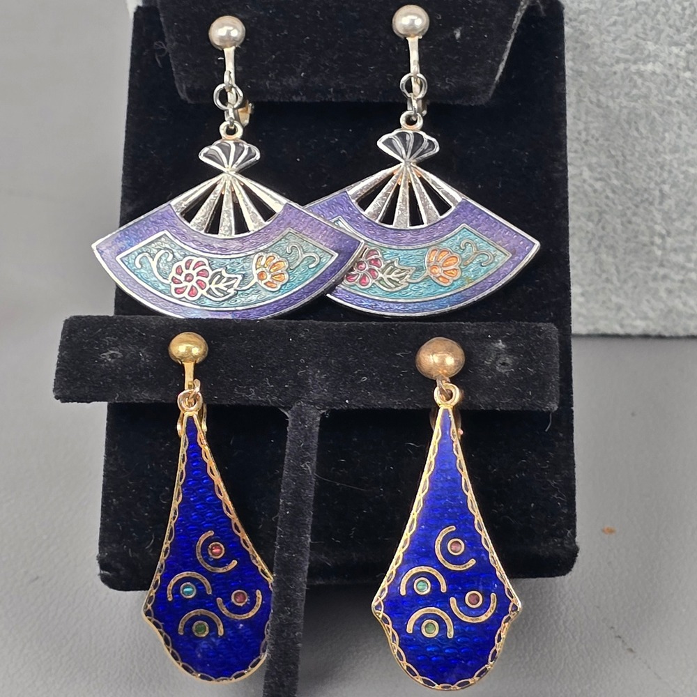2 Set Vintage Cloisonne Enamel Clip On Earrings Floral Japanese Fan Style Purple